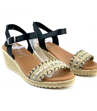 SANDALIA CUÑA PIEL VERANAS V25308 NEGRO