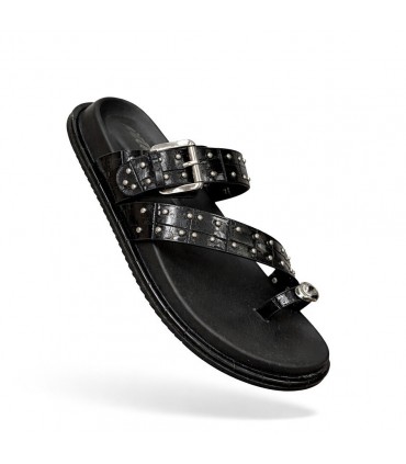 SANDALIA ISTERIA CHAPITAS CON PLACA Y HEBILLA 1116 NEGRO