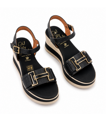 SANDALIA CUÑA OH MY SANDALS PIEL PLACA 5981 DOYA NEGRO